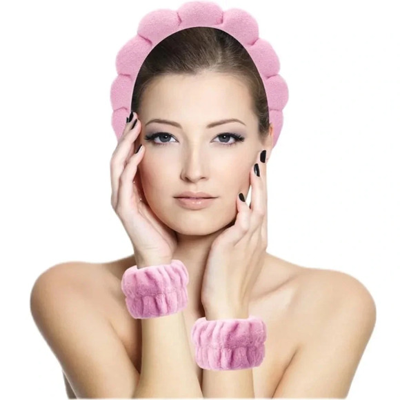 NEW Spa Headbands for Washing Face, Makeup and Skincare. Set of 2 aqua and pink - Picture 9 of 9